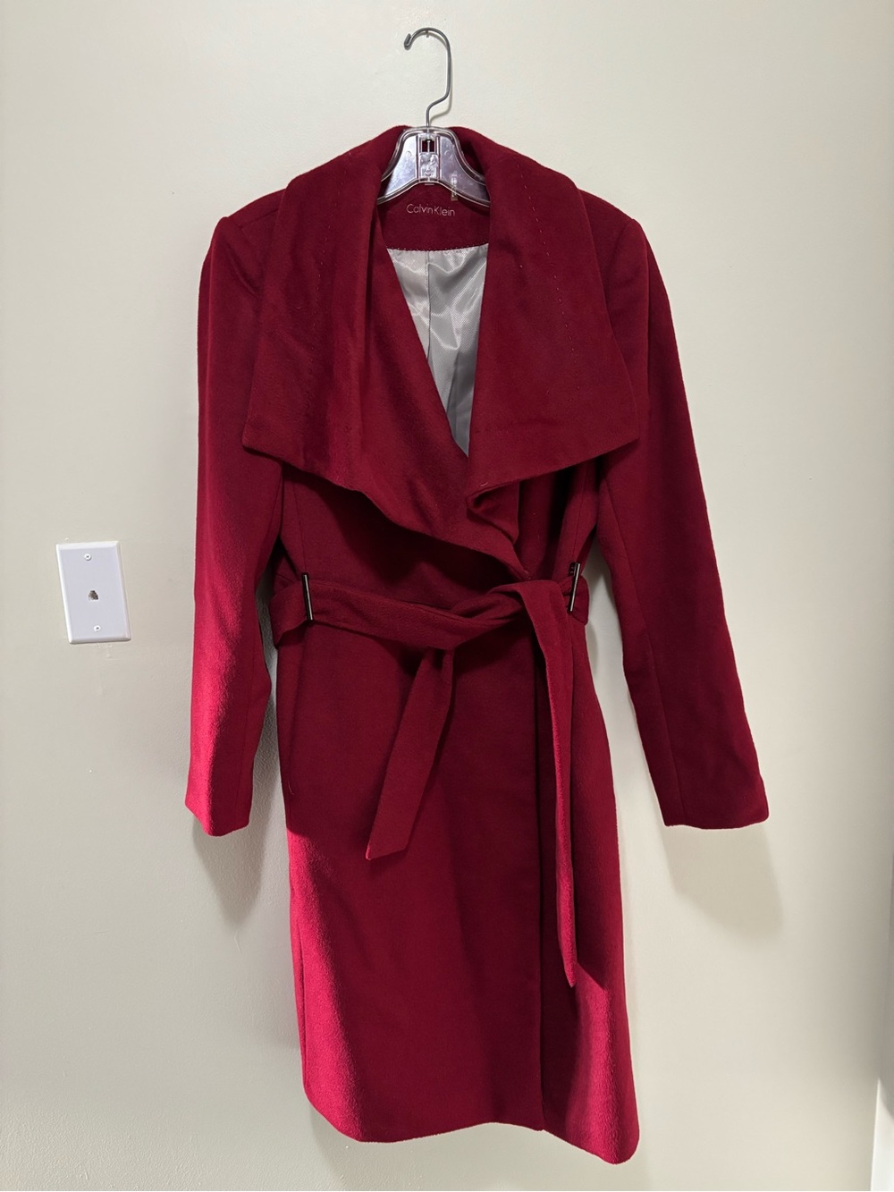Calvin Klein Burgundy Wool Blend Belted Trench Overcoat (Women's Size 6)